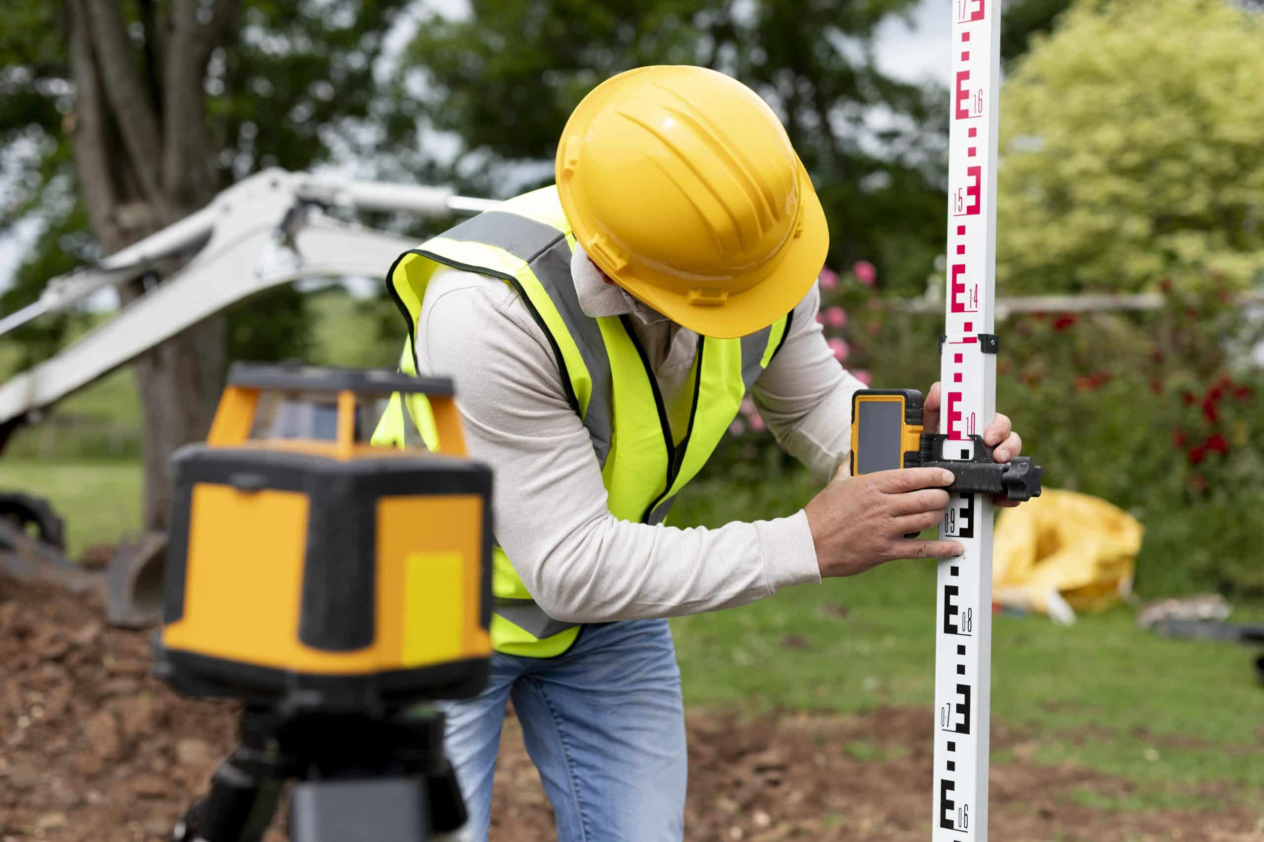 a man in a yellow hard hat using a level tool