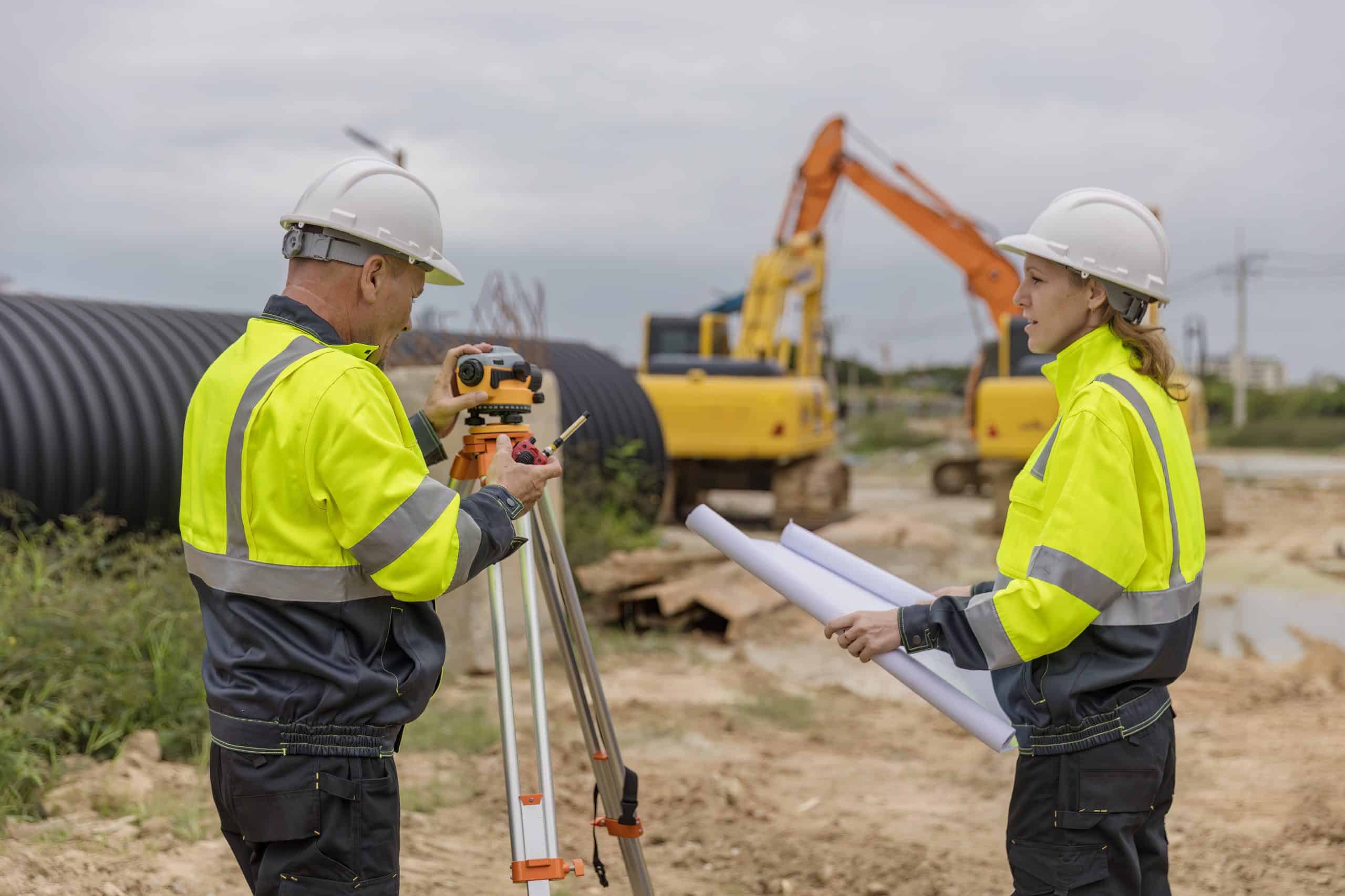 a man and woman in safety jackets and helmets holding blueprints