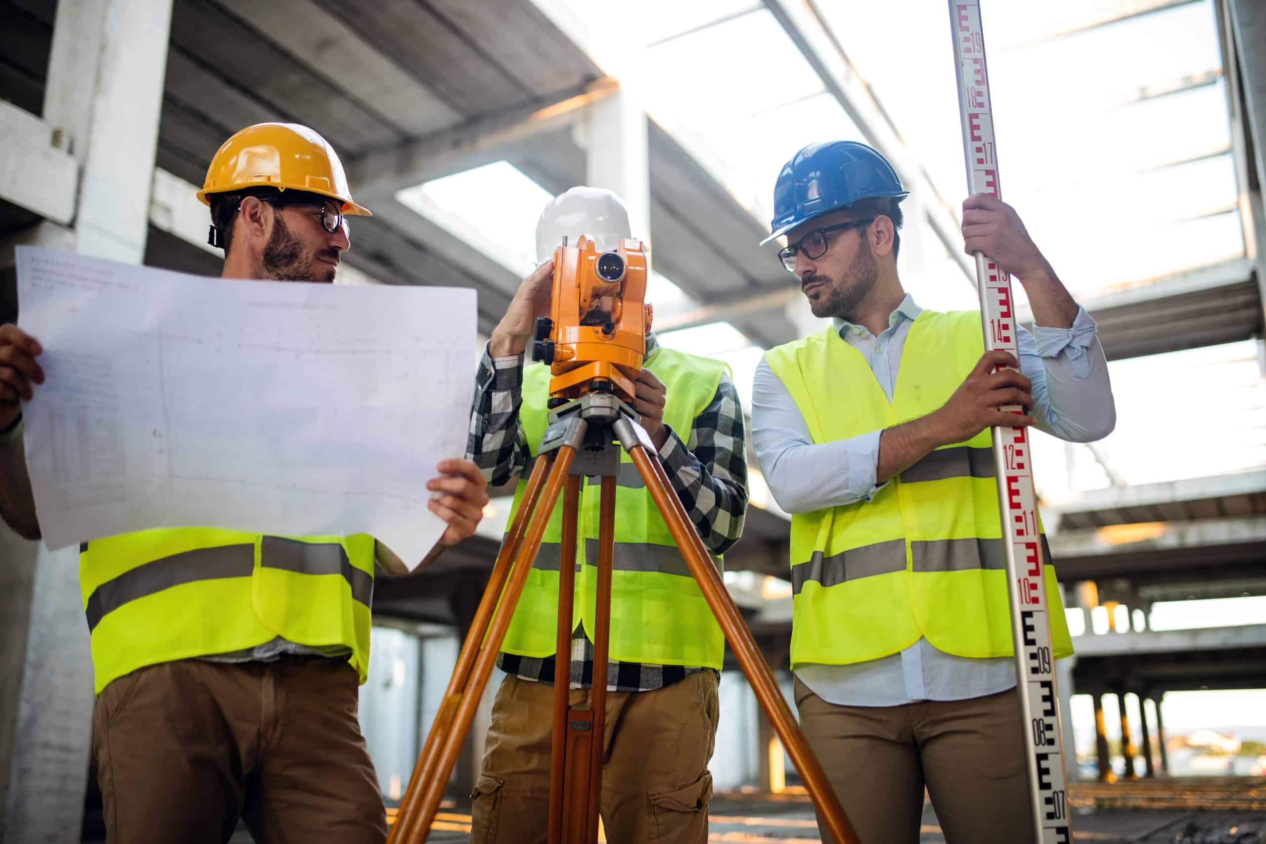 a group of men in safety vests and helmets looking at a paper