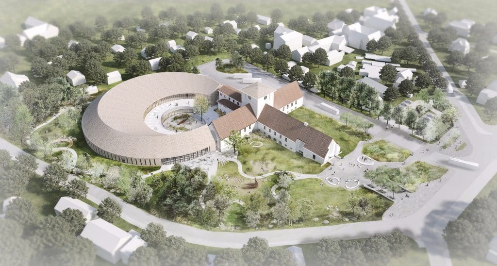 a building with a circular roof and a circular courtyard